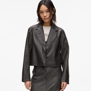 Distressed faux-leather blazer
