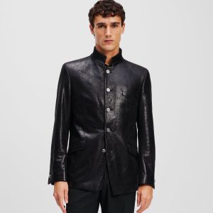 FAUX-LEATHER STAND-UP COLLAR JACKET